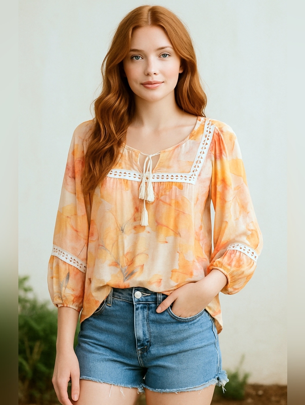 Hope & Harlow Pink & Peach Watercolor Floral Print Flowy Peasant Lightweight Top